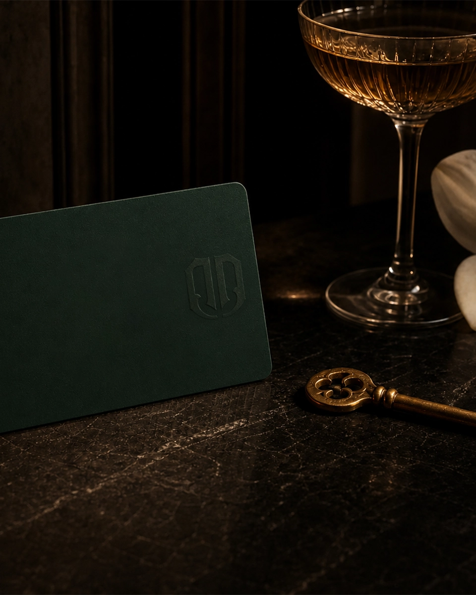 A blank members card with orchid, key, and coupe
