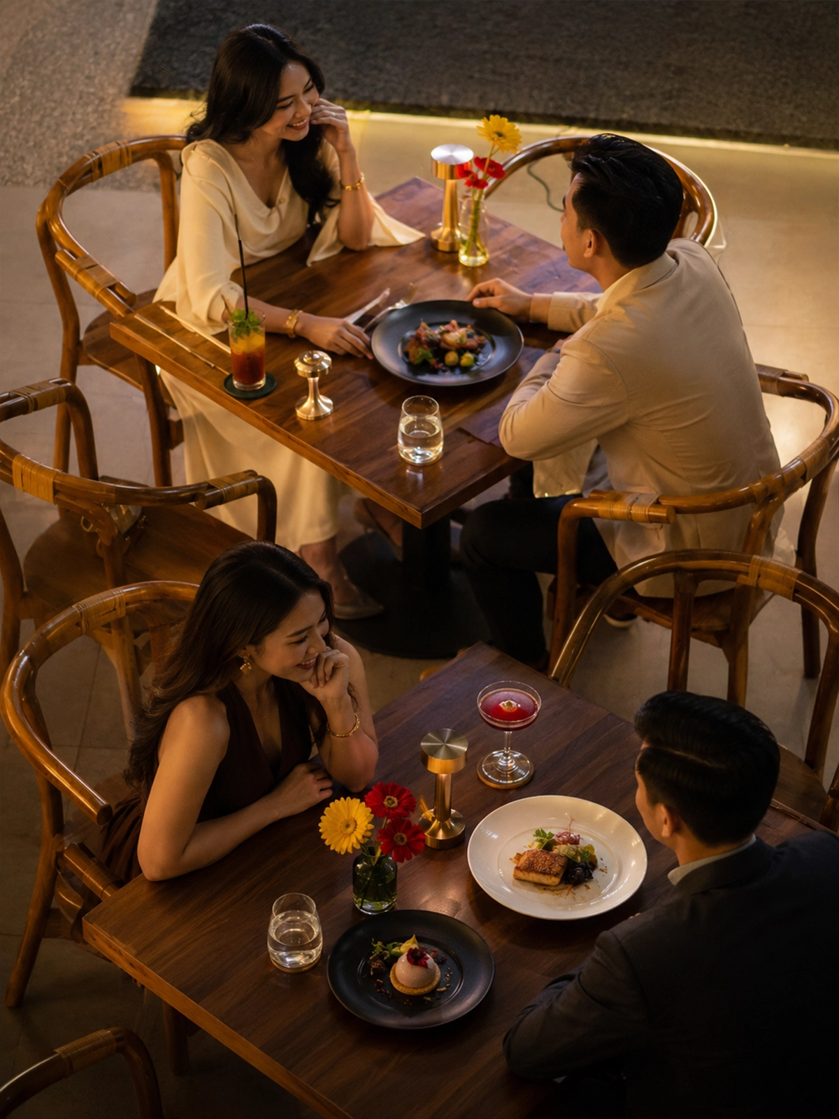 Friends sharing an intimate evening in a lush lounge